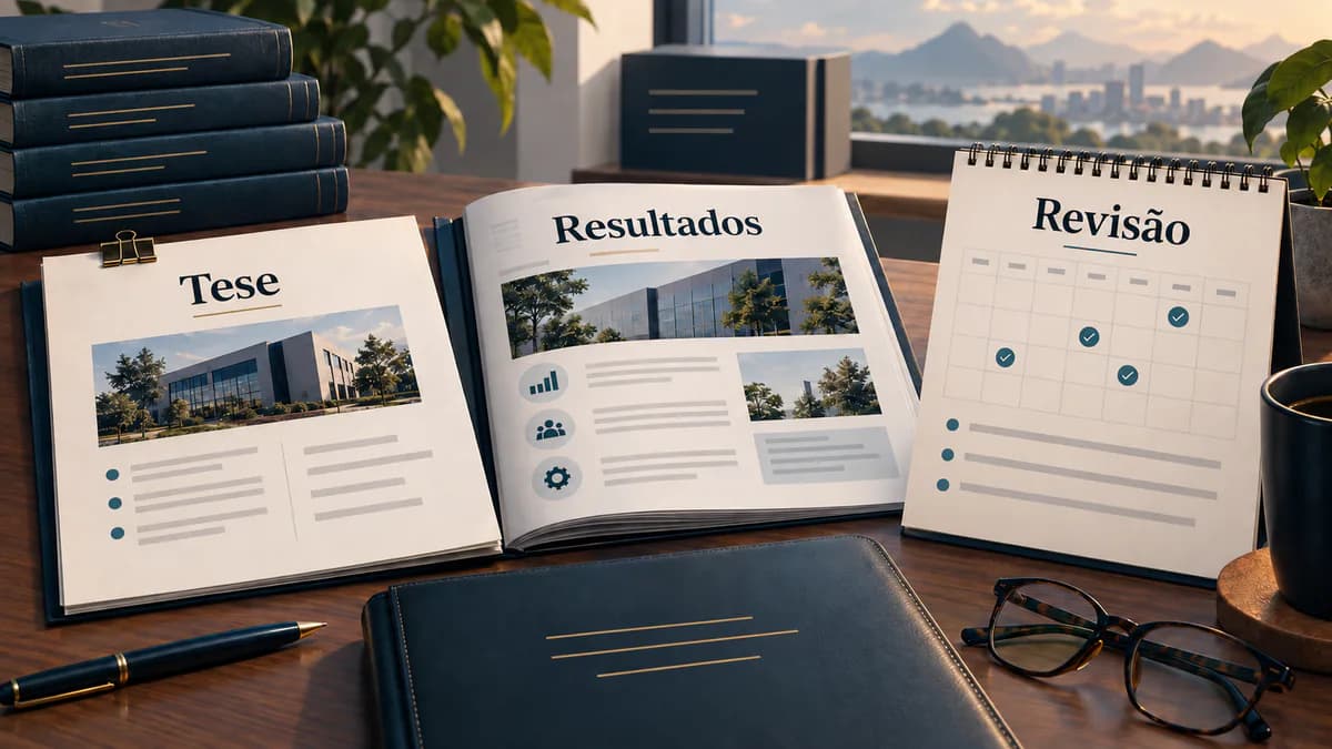 Carteira de ações ao lado de calendário e relatório para acompanhar a tese de investimento de longo prazo
