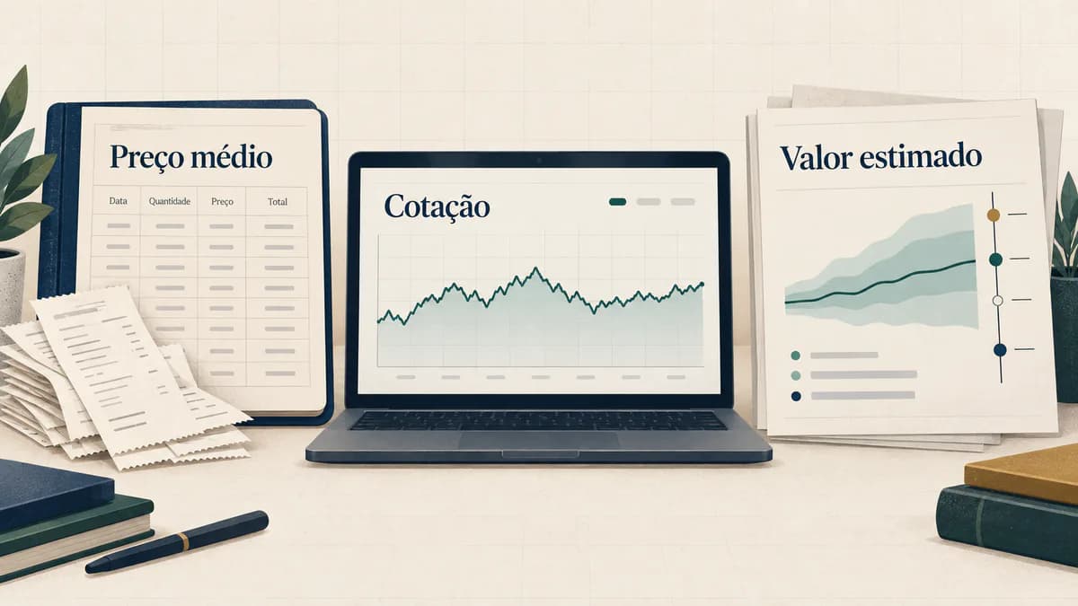 Comparação entre preço médio de aquisição, cotação de mercado e valor estimado de uma ação